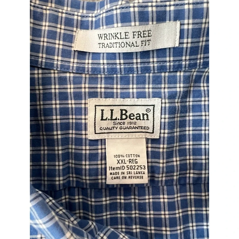 LL Bean Mens Blue White Plaid Wrinkle Resistant Button Down Traditional
